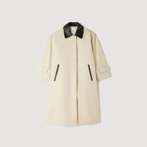 Long coat with leather collar