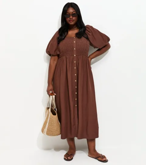 Women's Plus Size Dark Brown Button Front Milkmaid Midi Dress Curves