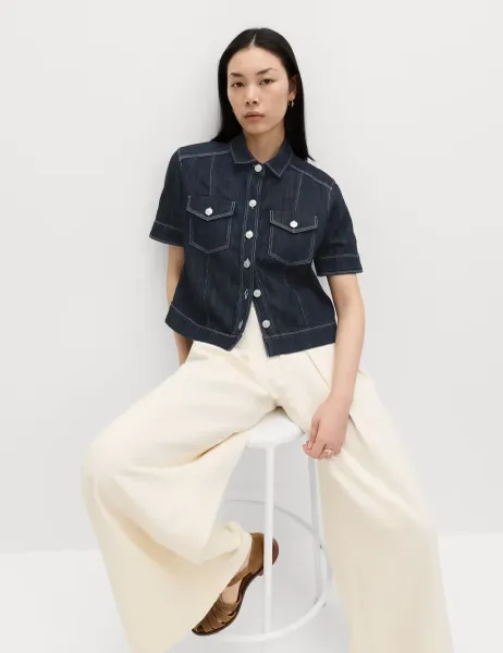Marks & Spencer Cotton Rich Denim Utility Short Sleeve Shirt Denim