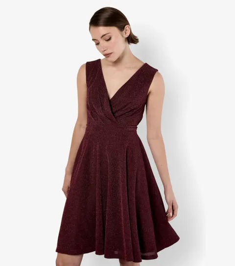 Women's Burgundy Lurex Pleated Skater Dress