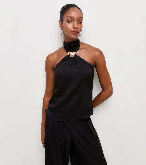 Women's Black Textured Golden Hardware Trim Halter Neck Top