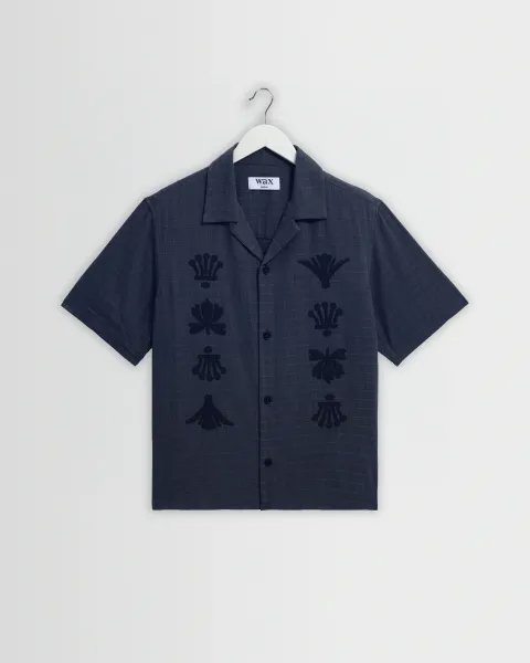Curzon - Navy Grid Applique Short-Sleeve Shirt