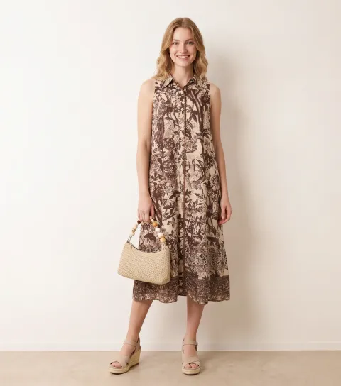 Women's Dark Brown Sleeveless Midi Shirt Dress
