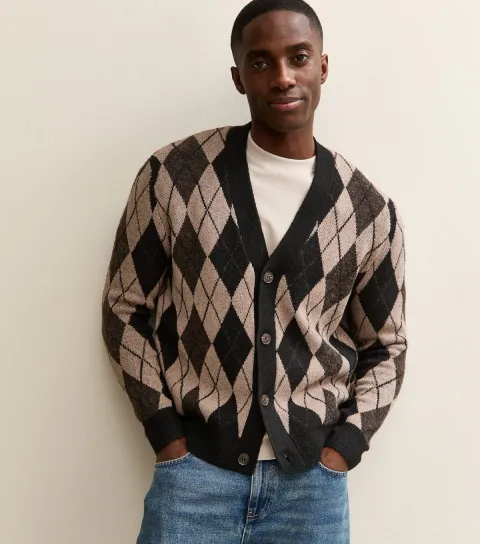 Only & Sons Men's Dark Brown Relaxed Argyle Pattern Cardigan