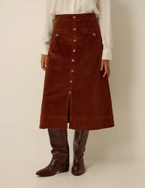 Cord Button Front A Line Midi Skirt Brown