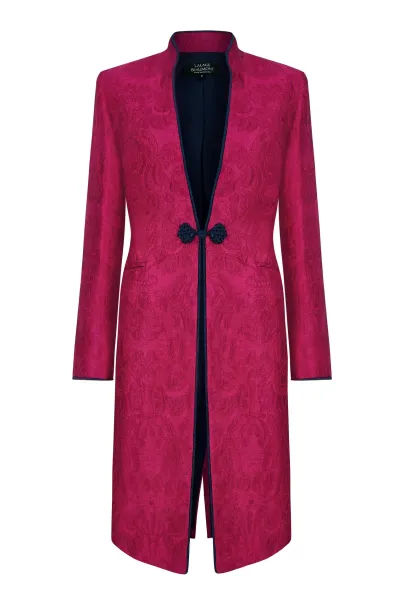 Fuchsia Dress Coat in Winter Brocade with Cord Trim and Frogging - Vicky