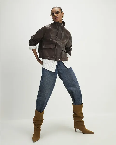 River Island Faux Leather Funnel Neck Bomber Jacket