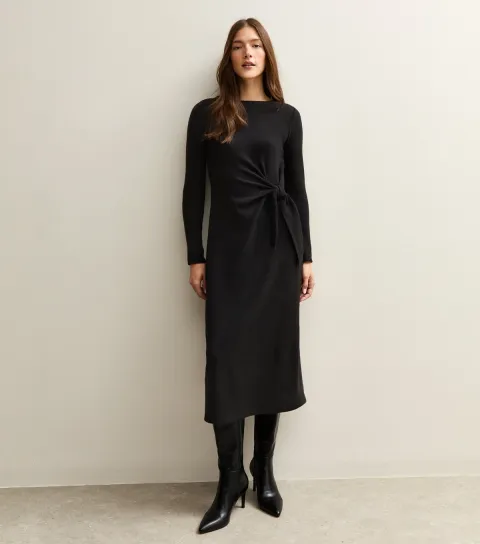 Women's Black Tie Belt Midi Dress
