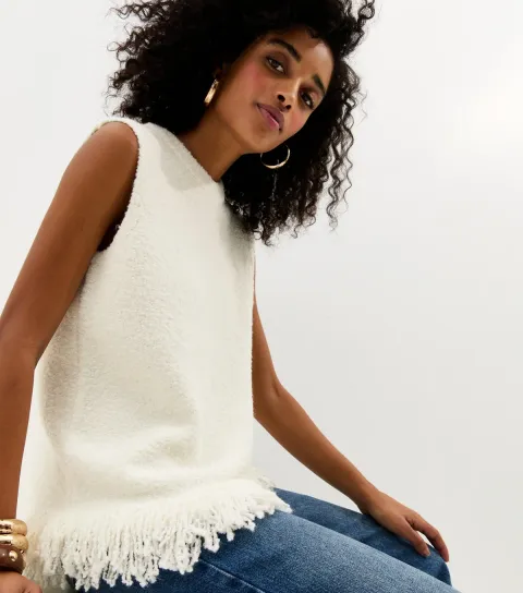 Women's Cream Boucle Fringed Hem Tabard Top