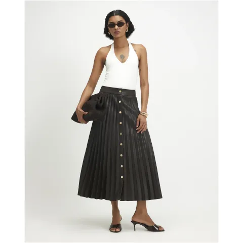 River Island Popper Faux Leather Pleated Midi Skirt