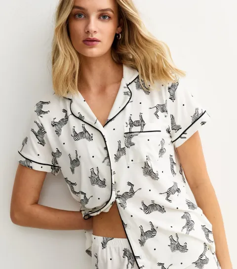 Women's White Zebra Print Revere Collar Shirt and Shorts Pyjama Set
