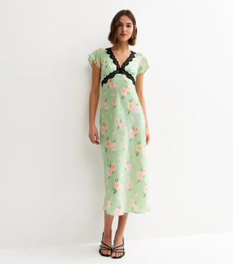 Women's Light Green Blur Floral Lace Trim Midi Dress