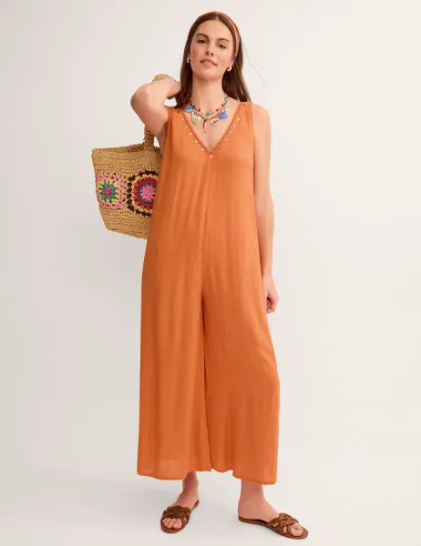 Monsoon Textured V-Neck Sleeveless Relaxed Jumpsuit Orange Mix