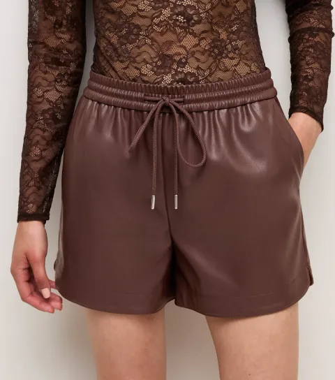 Women's Dark Brown Faux Leather Drawstring Tie Shorts