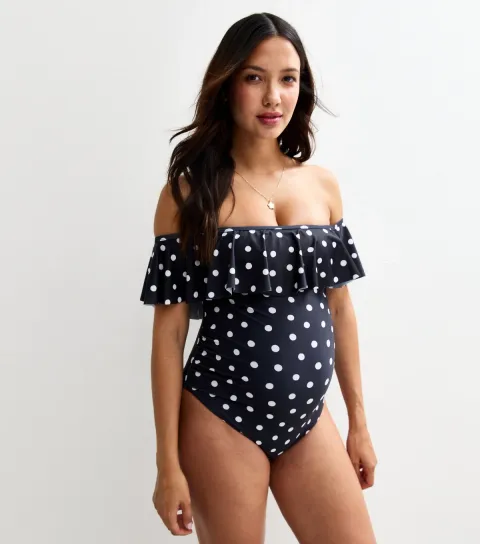 Women's Maternity Navy Spot Frill Bardot Swimsuit