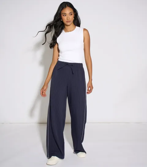 Women's Navy Pinstripe Drawstring Wide Leg Trousers