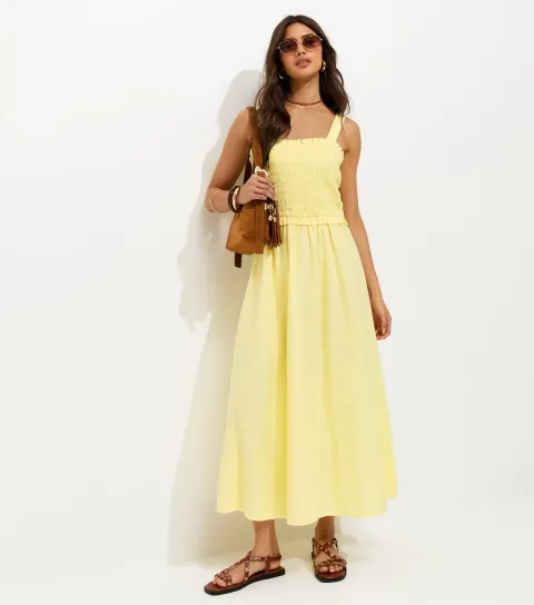 New Look Women's Light Yellow Cotton Shirred Bow Strap Midi Dress