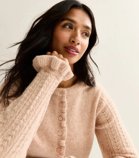 Women's Petite Camel Contrast Sleeves Frilly Trimmed Cardigan