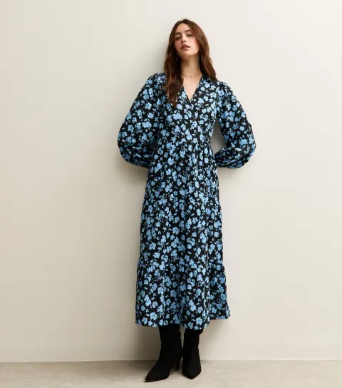 Women's Black Floral Print Long Sleeve Wrap Midi Dress