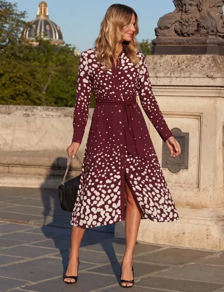 SOSANDAR Geometric Spot Print Midi Shirt Dress Burgundy Mix