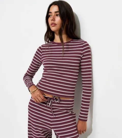 Women's Red Cotton Rich Striped Long Sleeve Baby Tee Top