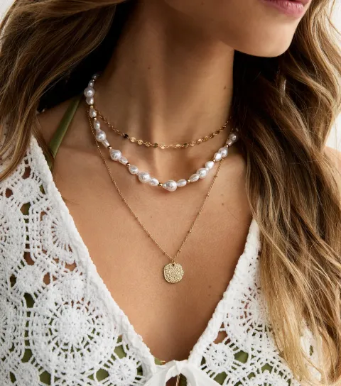 Gold Tone Beaten Texture Faux Pearl Layered Necklace