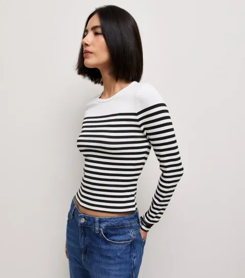Women's Cream and Black Cotton Rich Breton Stripe Long Sleeve Top