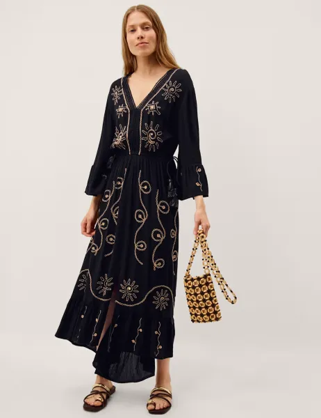 Monsoon Embroidered Tiered Beach Cover Up Kaftan Black
