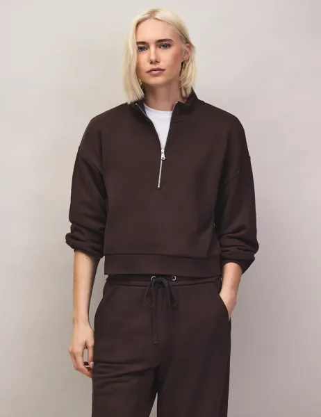RO&ZO Cotton Rich Half Zip Sweatshirt Brown