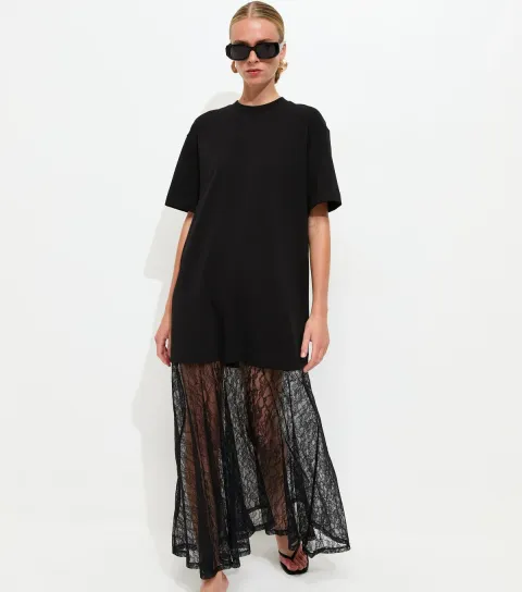Women's Black Lace Hem T-Shirt Midi Dress