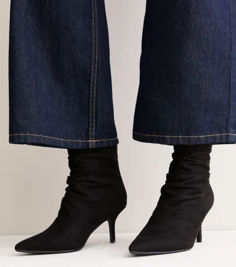 New Look Women's Wide Fit Black Faux Suede Ruched Stiletto Heeled Ankle Boot Vegan