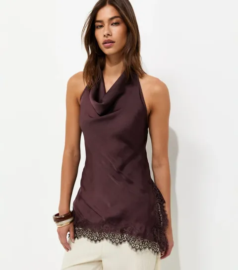Women's Dark Brown Satin Cowl Neck Lace Hem Halterneck Top
