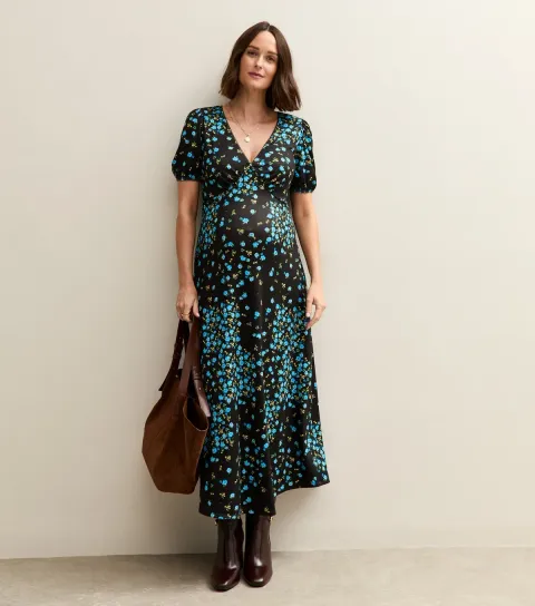 Women's Maternity Black Floral Print V-Neck Midi Dress