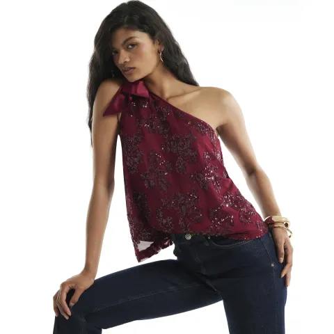 River Island Burgundy Sequin One Shoulder Bow Top