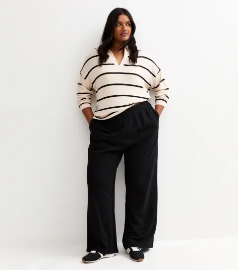 Women's Plus Size Black Jersey Wide Leg Joggers Curves