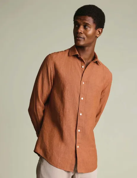 Slim Fit Pure Linen Shirt Dark Orange