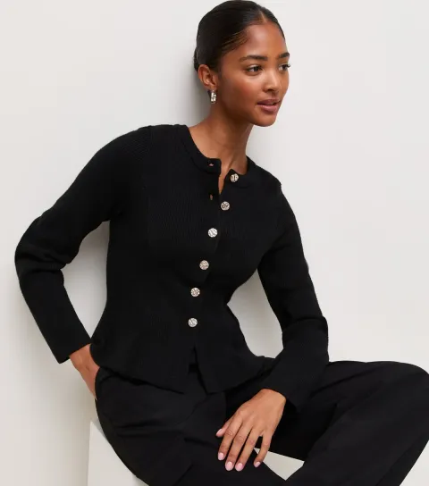 Women's Black Ribbed Knit Textured Button Peplum Cardigan