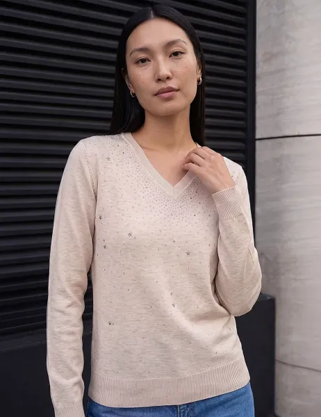 Roman Sparkly Star Embellished V-Neck Jumper Cream