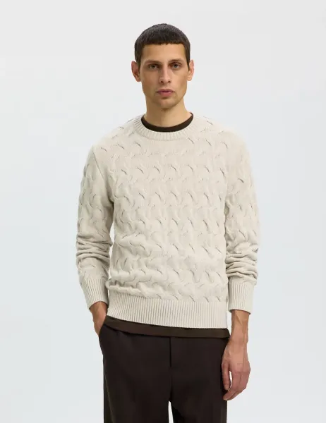 Selected Pure Cotton Cable Crew Neck Jumper Light Cream