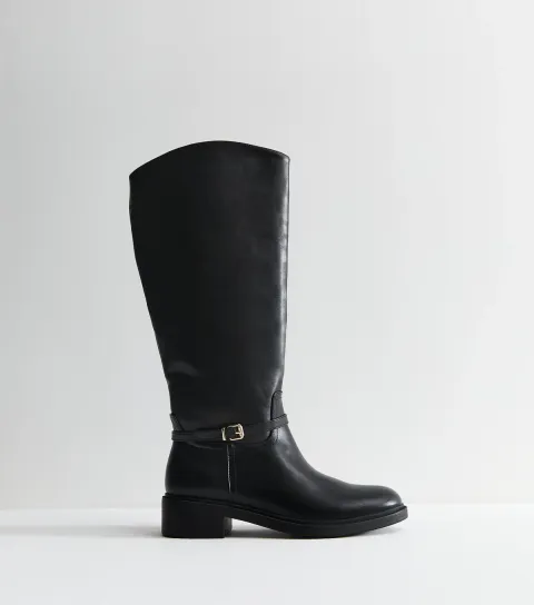 Women's Black Faux Leather Buckle Strap Riding Boots Vegan