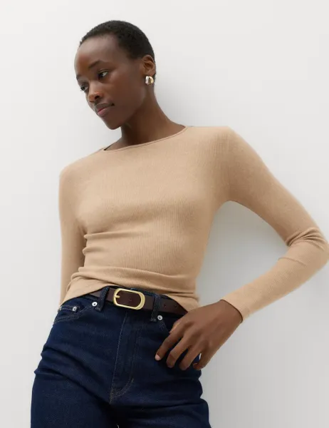 Marks & Spencer Cotton Rich Ribbed Slim Fit Top Natural Mix