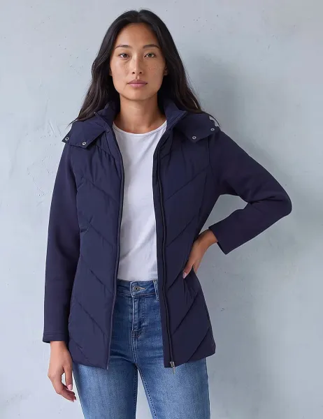 Roman Petite Chevron Quilted Hooded Coat Navy Mix