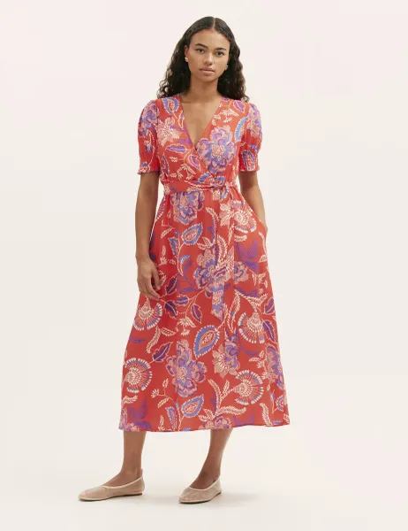 Finery London Floral V-Neck Tie Waist Midi Wrap Dress Red Mix