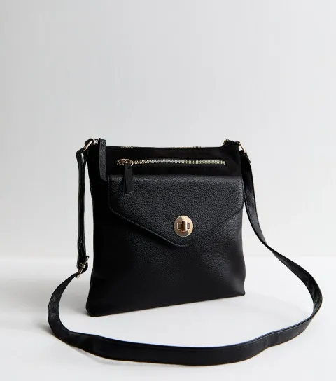 New Look Black Grained Faux Leather Pocket Messenger Bag Vegan