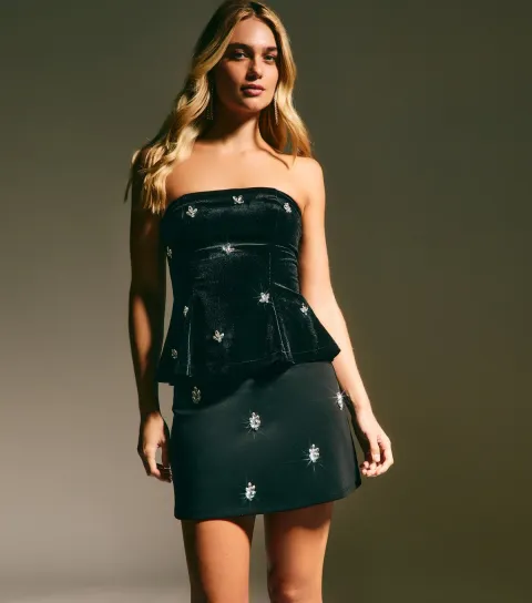 New Look Women's Black Diamante Leaf Mini Skirt