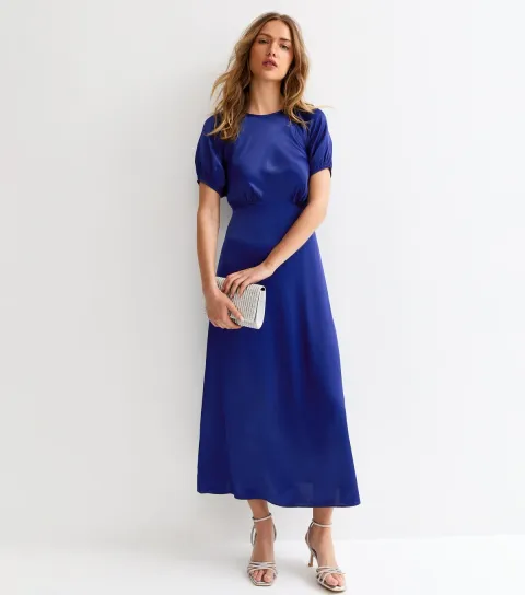 Women's Blue Satin Puff Sleeve Midi Dress