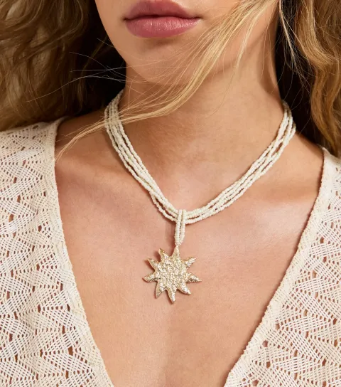 Cream Beaded Beaten Sun Pendant Necklace