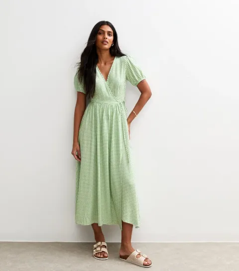 Women's Green Gingham Print Wrap Tie Midi Dress