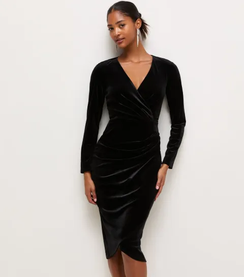 New Look Women's Black Velvet Jersey Long Sleeve Midi Dress