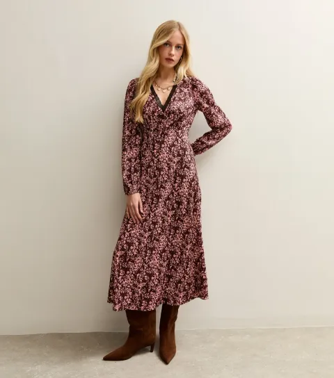 Women's Pink Burgundy Floral Print Midi Dress